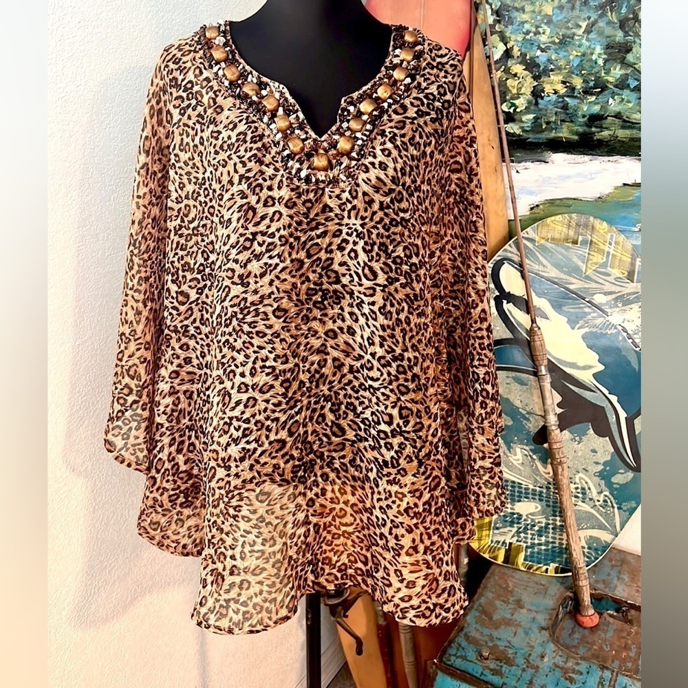 Kaktus,Heavily Beaded Leopard Semi-Sheer Dolman Sleeved Top,Excellent Condition